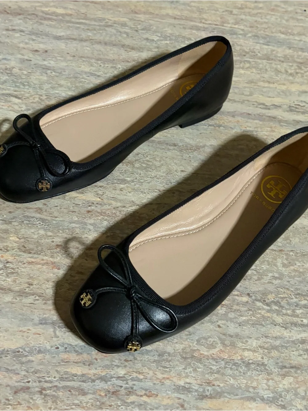 Tory Burch Laila Driver Black Leather Bow Ballet Flats with Gold Logo Charms
